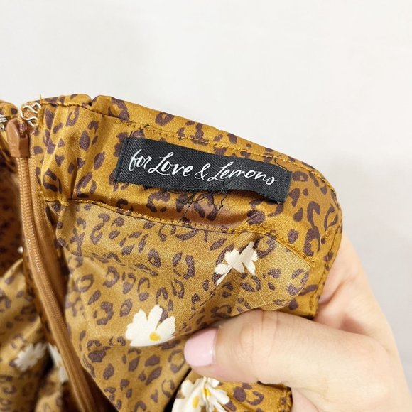 For Love & Lemons Tawney Midi Skirt Brown Leopard Floral Satin Ruched - Size XS - Picture 5 of 9